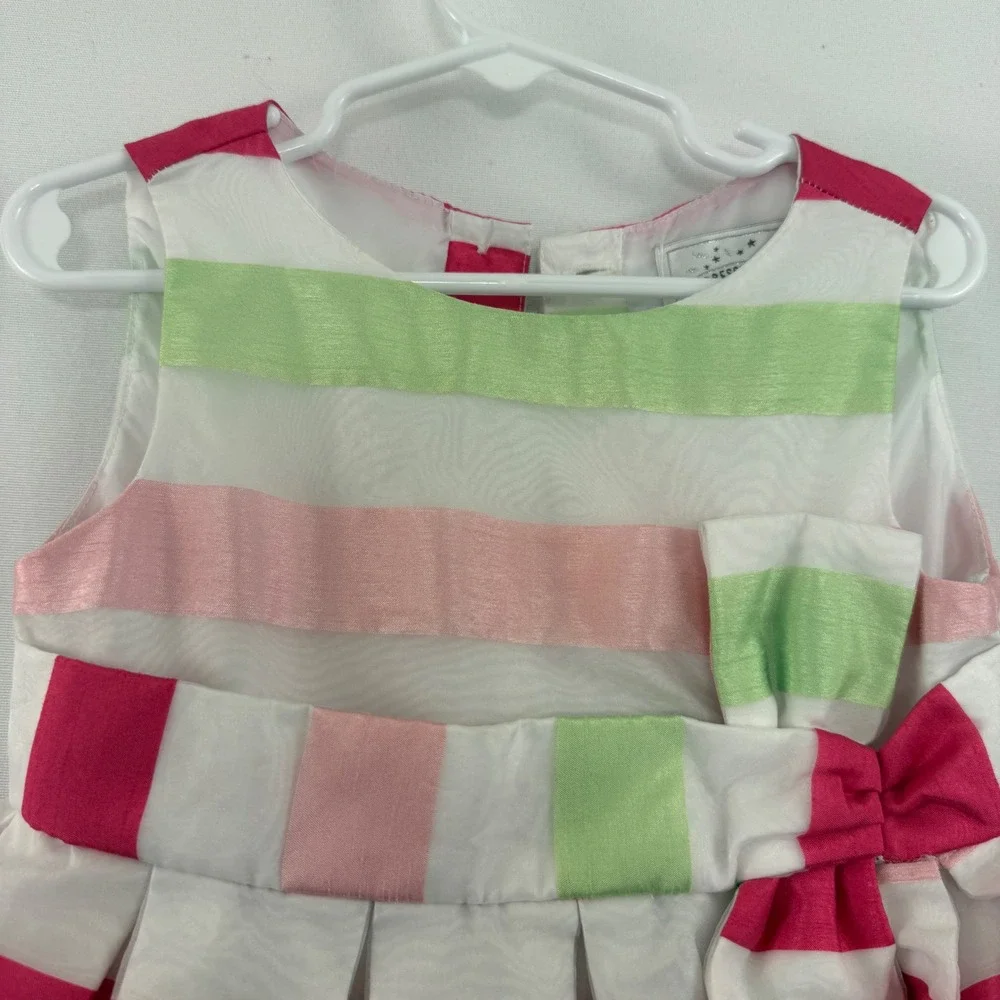 Gymboree Dress 4T Girls Pink‎ Green White Striped Bow Sleeveless Pleated
